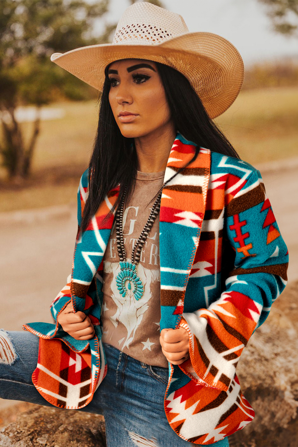 Sky Blue Aztec Printed Lapel Bell Sleeve Jacket - loveforevers