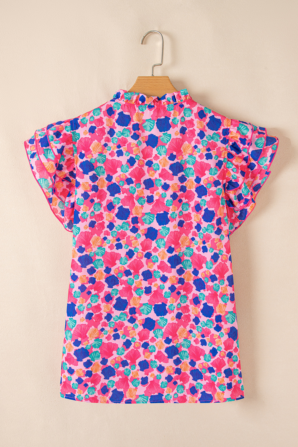 Rose Red Abstract Print Ruffled Sleeve V Neck Blouse - loveforevers