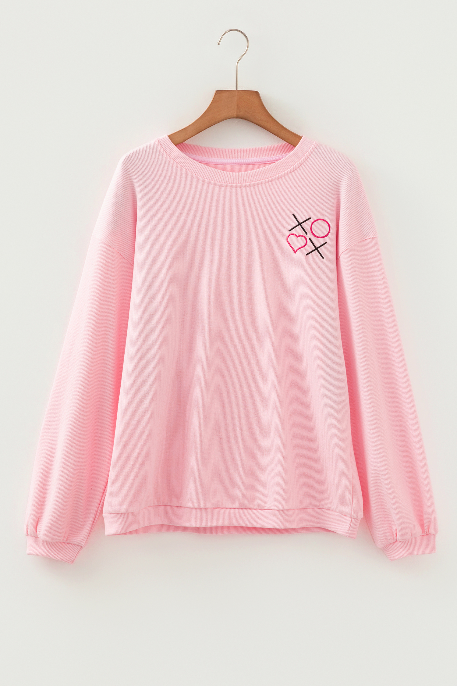 White 3d Ribbed XOXO Heart Embroidered Drop Shoulder Sweatshirt - loveforevers