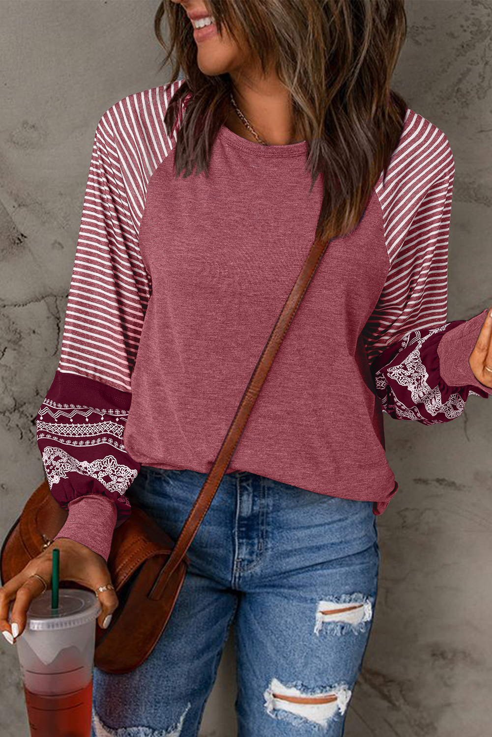 Tillandsia Purple Contrast Print Striped Raglan Long Sleeve Loose Top - loveforevers