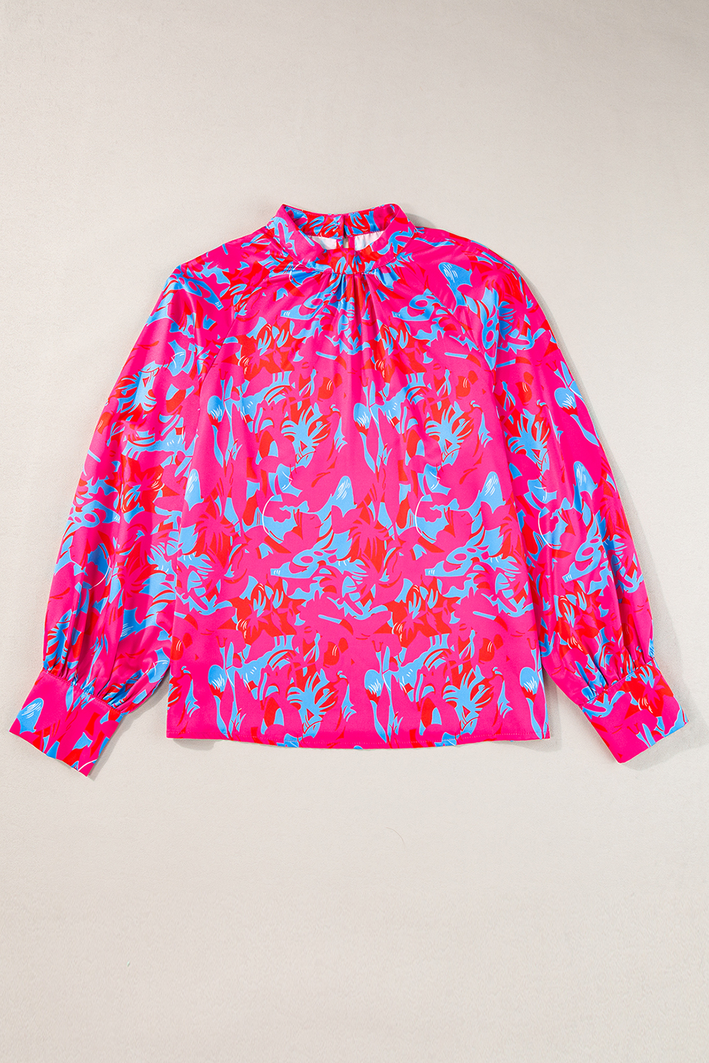 Purple Printed Bubble Sleeve Mock Neck Blouse - loveforevers