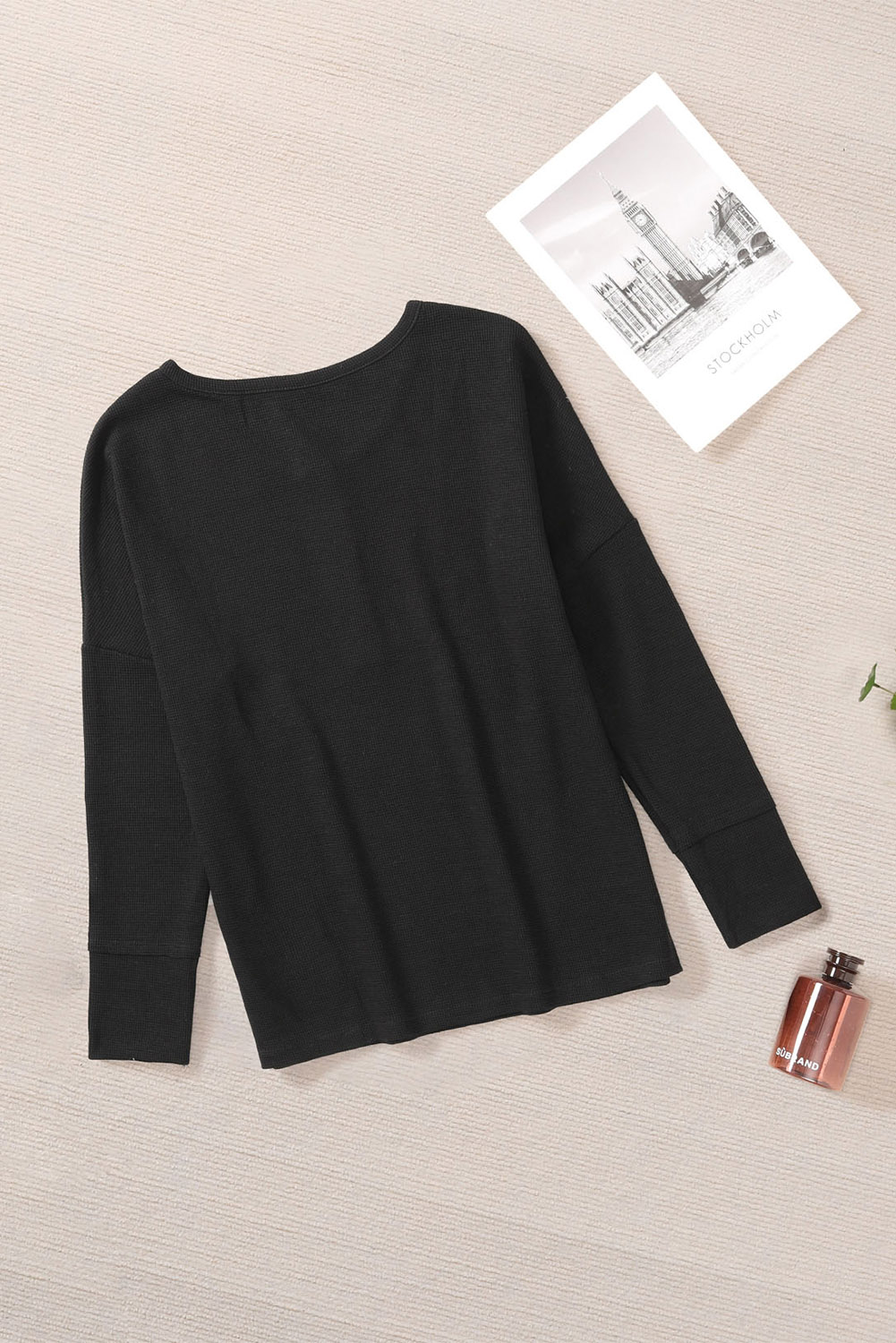 Black Waffle Knit Henley Top - loveforevers