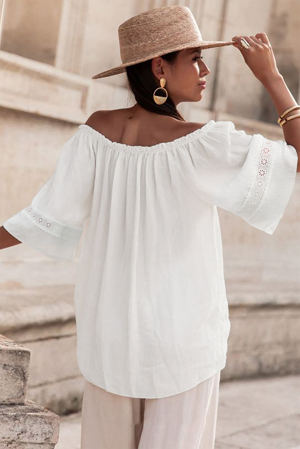 White Frilly Off Shoulder Lace Insert Sleeve Textured Blouse - loveforevers