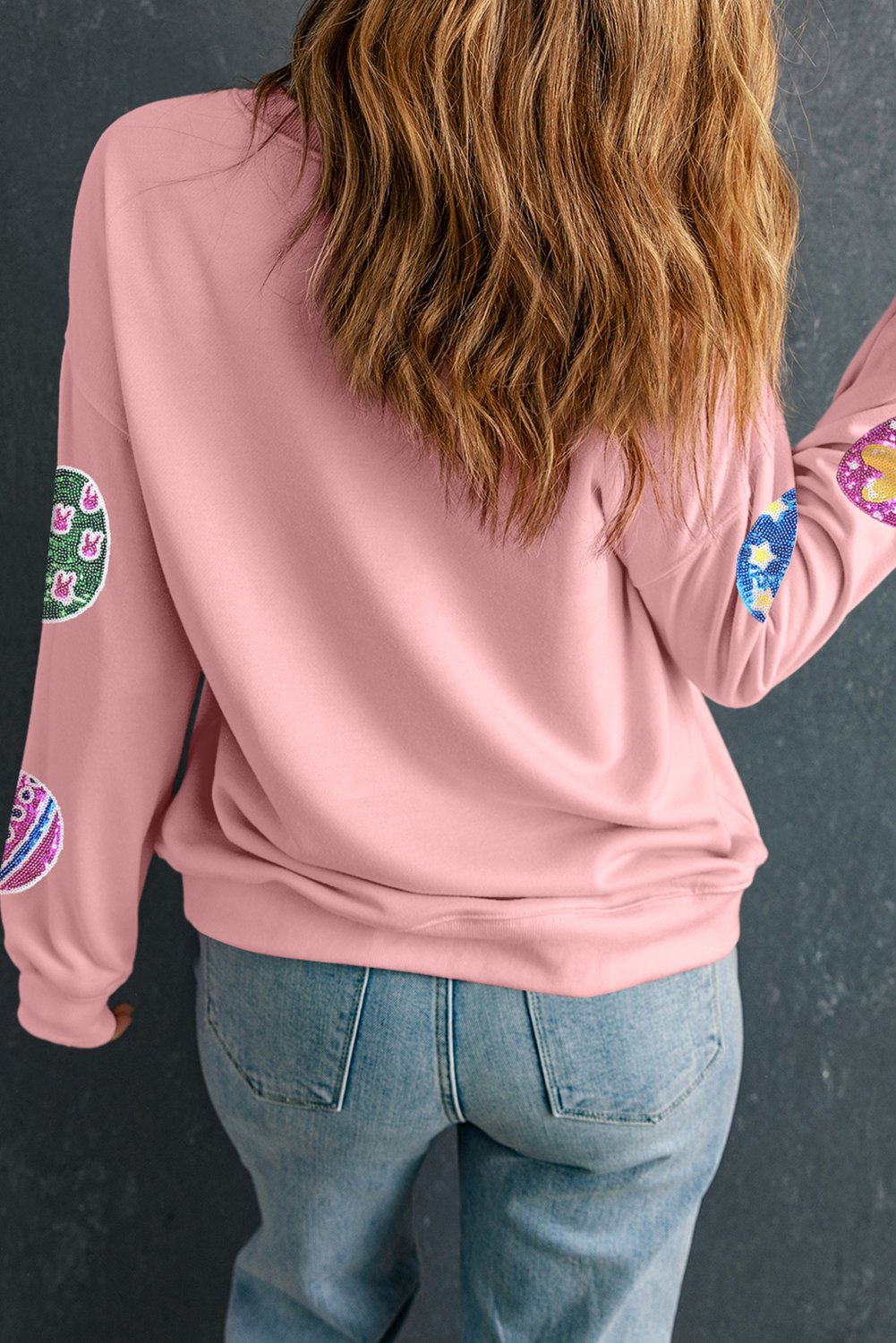 Pink Sequined Easter Egg Patched Pullover Sweatshirt - loveforevers