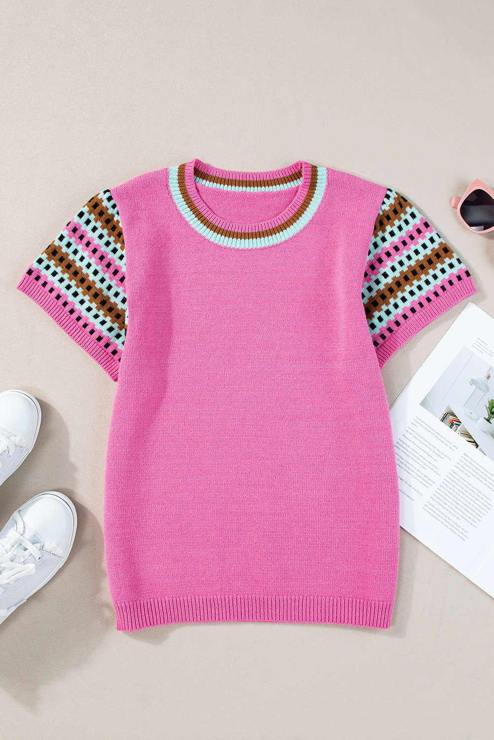 Bright Pink Contrast Printed Cap Sleeves Crewneck Sweater - loveforevers