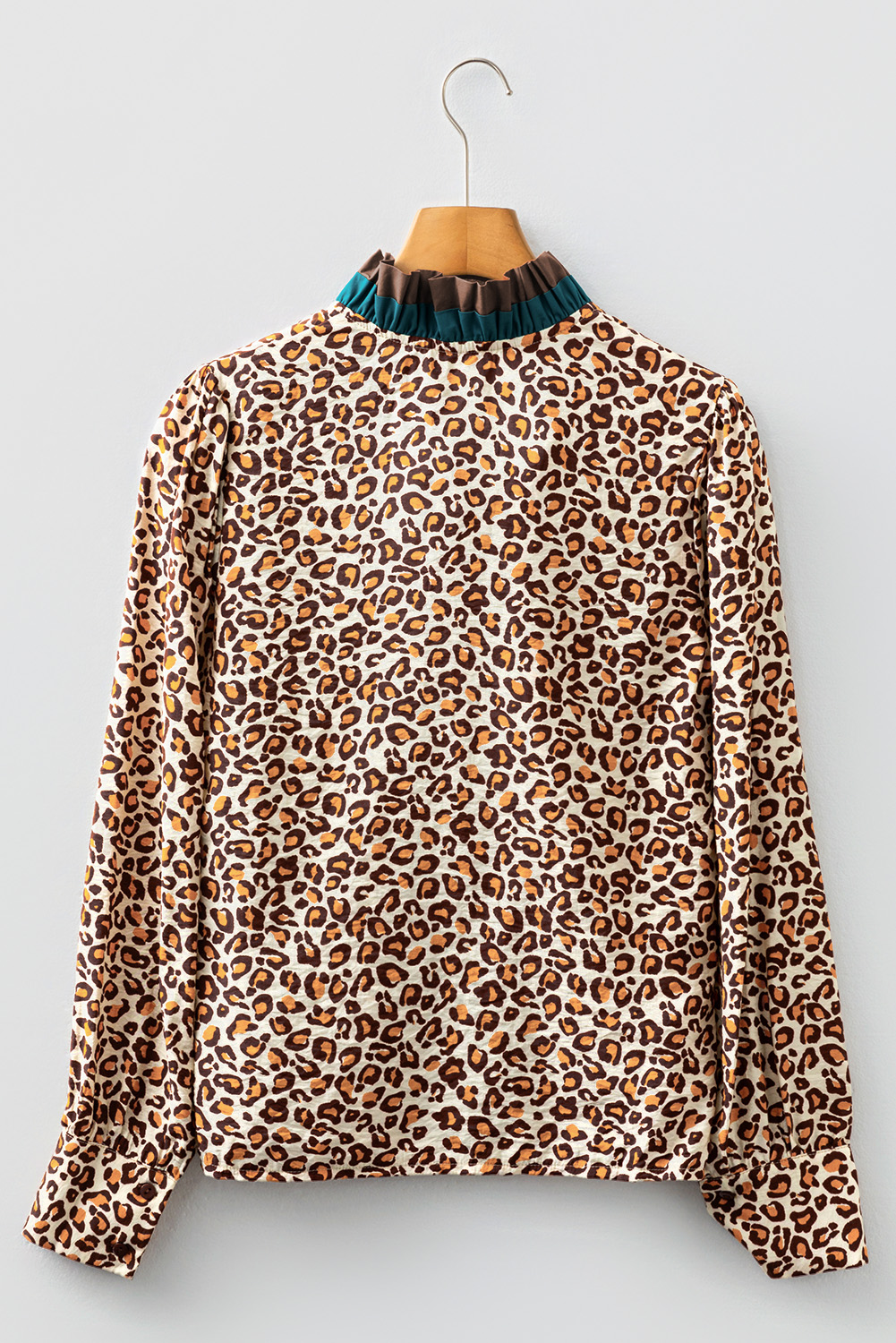Brown Leopard Print Contrast Frilled Trim Button Down V Neck Shirt - loveforevers