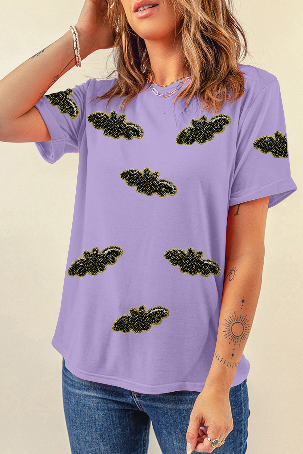 Wisteria Sequin Halloween Bat Patched Casual T Shirt - loveforevers