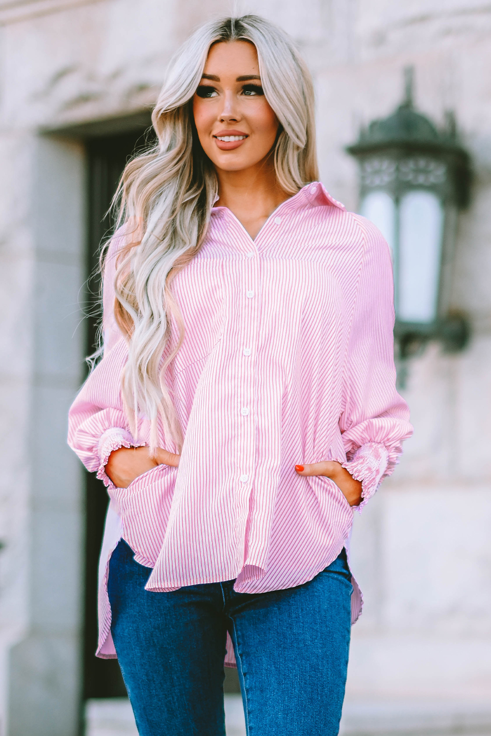 Red Stripe Smocked Cuffed Striped Boyfriend Shirt with Pocket - loveforevers