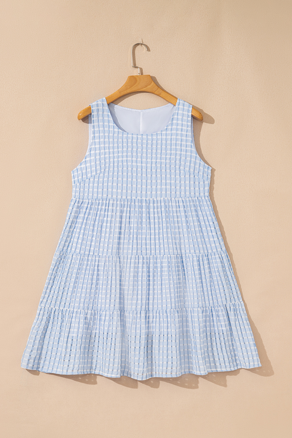Light Blue Plaid Tiered A-line Sleeveless Mini Sundress - loveforevers
