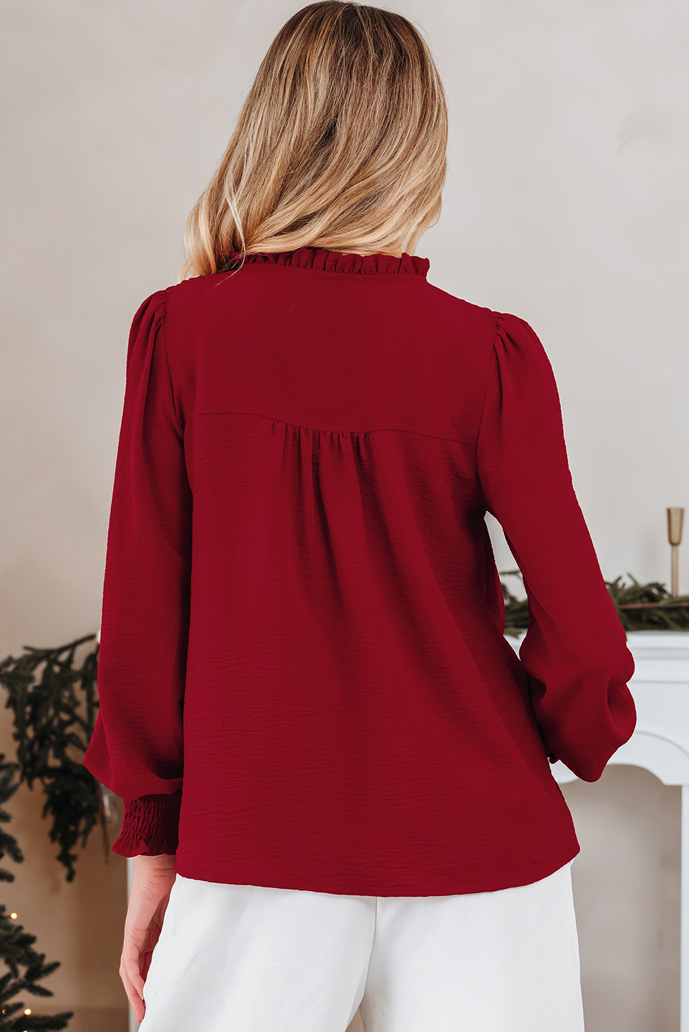 Burgundy Notched Neck Shirred Cuff Long Sleeve Blouse - loveforevers