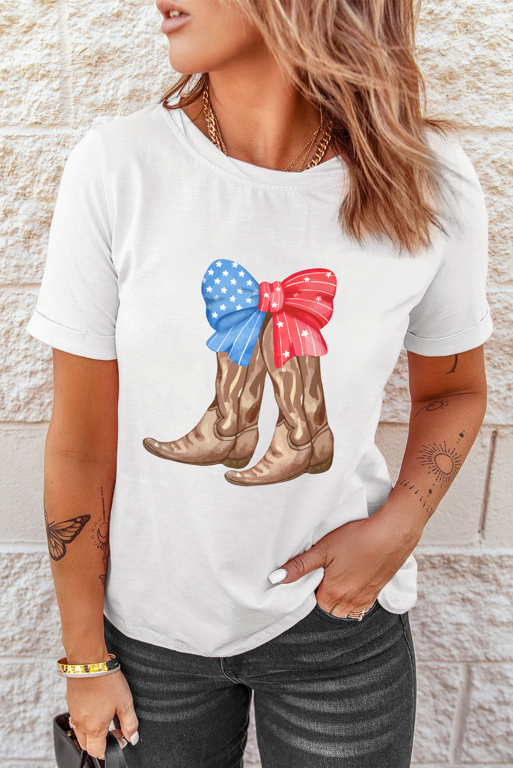White Patriotic Bow Cowgirl Boots Printed Cotton Blend T Shirt - loveforevers