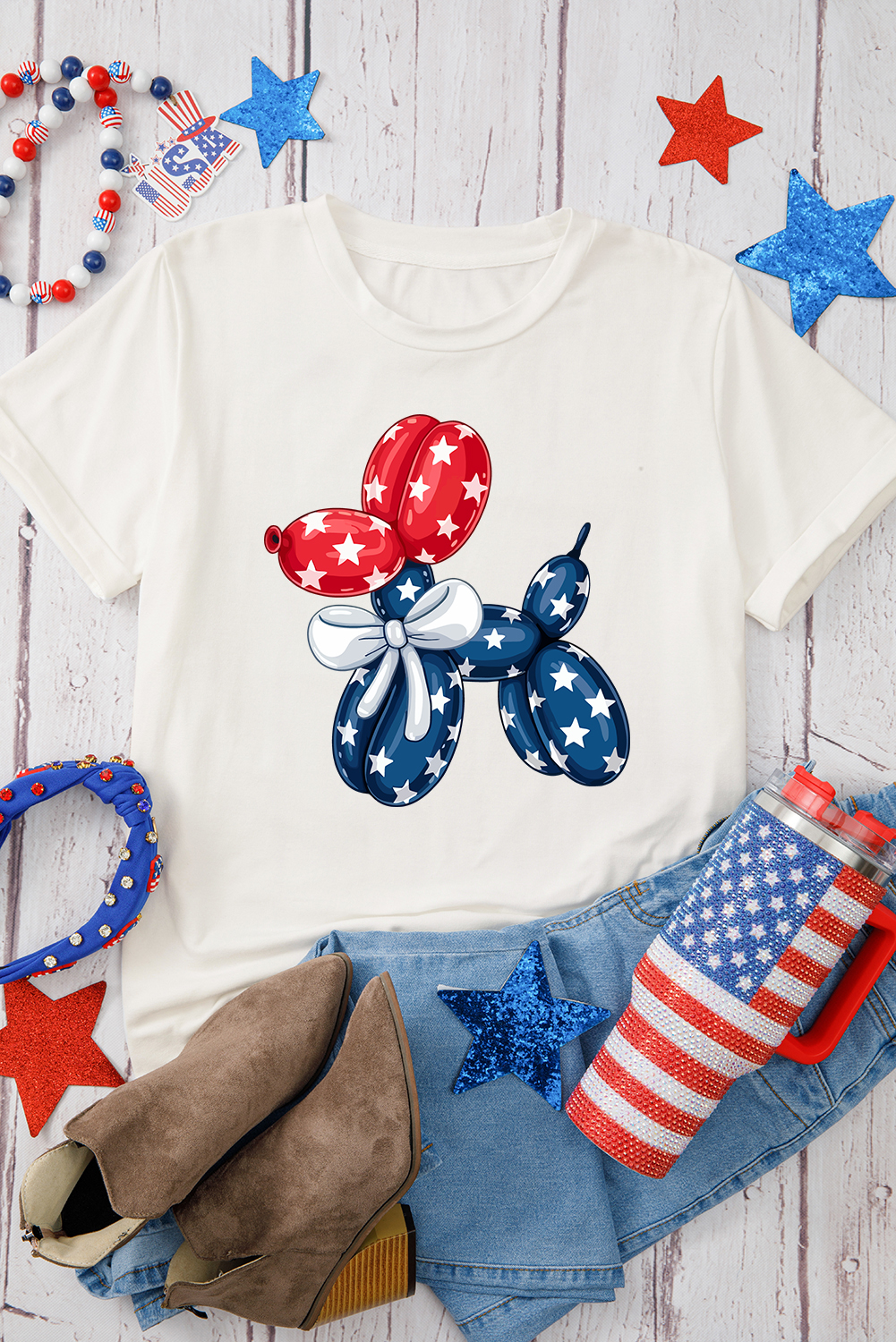 White American Flag Inspired Balloon Dog Graphic Cotton Blend T Shirt - loveforevers
