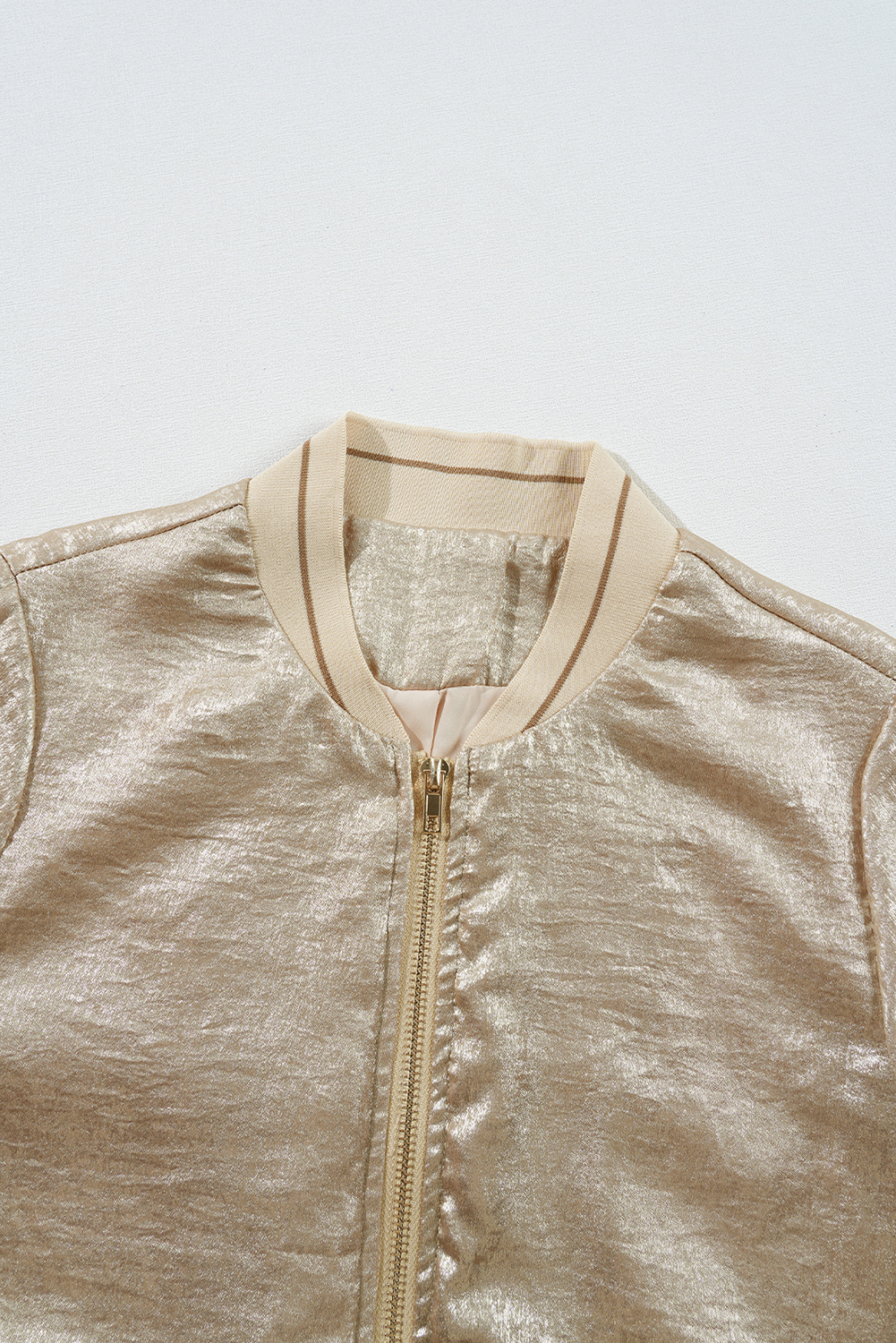 Pale Khaki Metallic Zip up Baseball Jacket - loveforevers