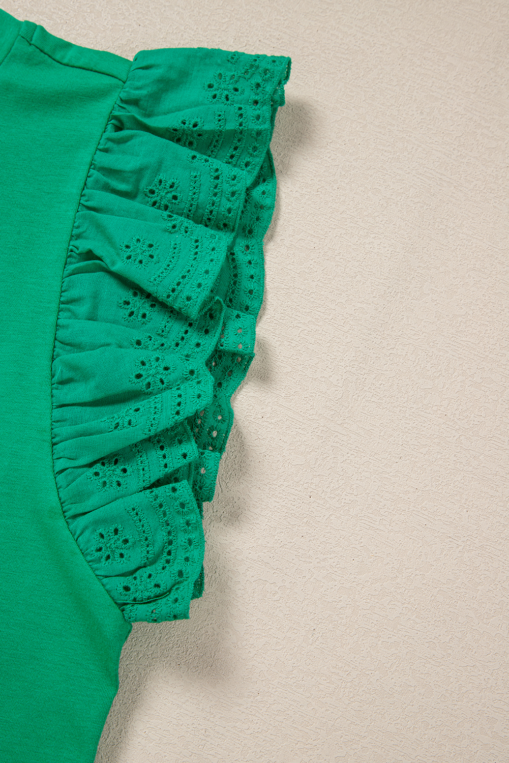 Dark Green Embroidered Ruffled Sleeve Slim Fit Crew Neck Top - loveforevers
