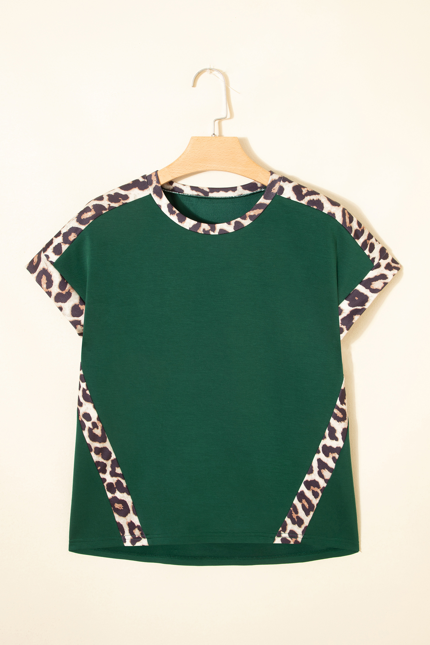 Sea Green Leopard Trim Round Neck Loose T Shirt - loveforevers