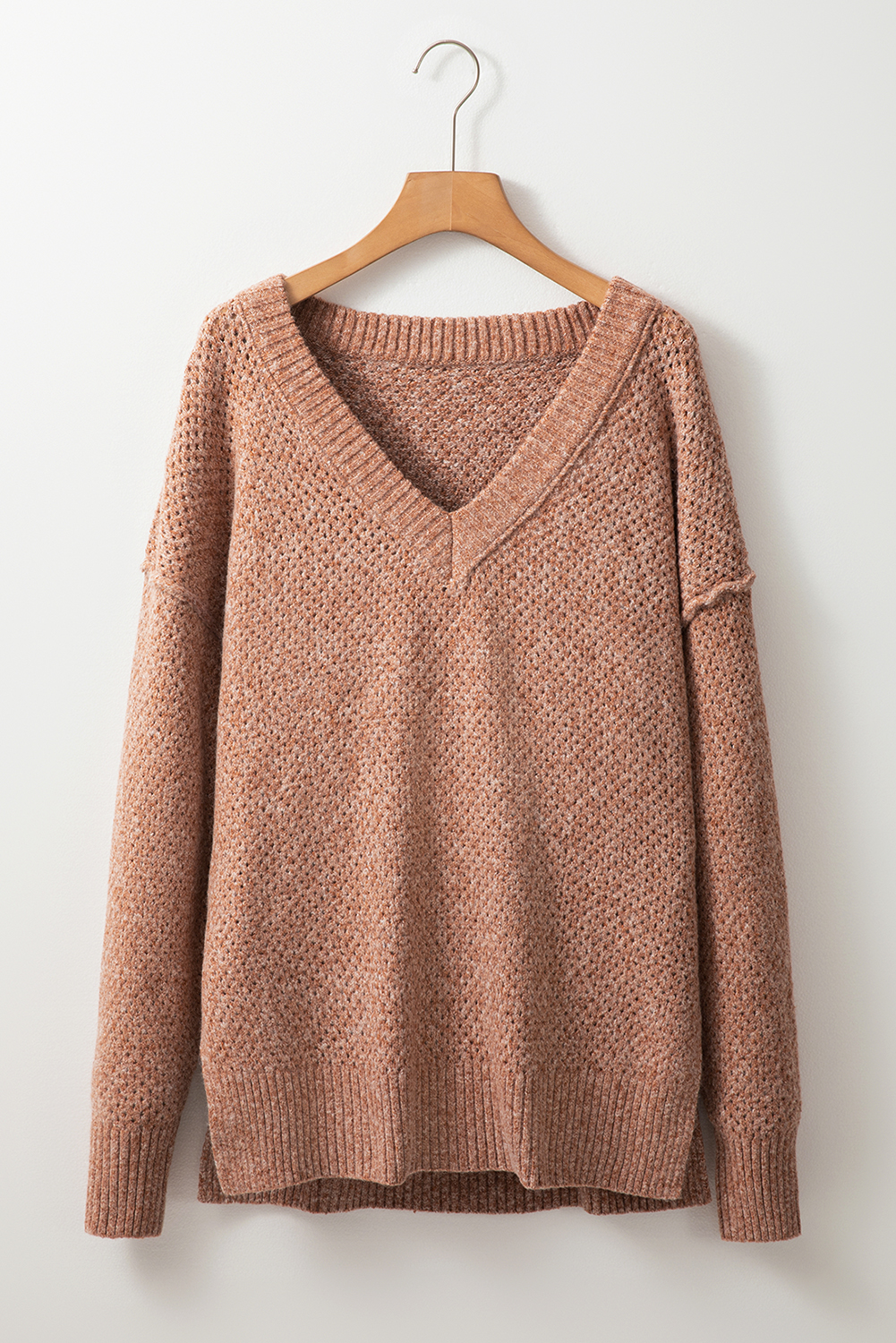 Parchment Loose Eyelet V Neck Drop Shoulder Sweater - loveforevers