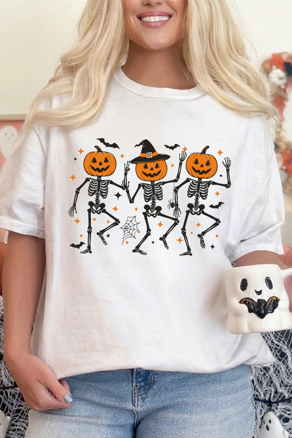 White Halloween Pumpkin Skeleton Graphic Cotton Blend Tee - loveforevers