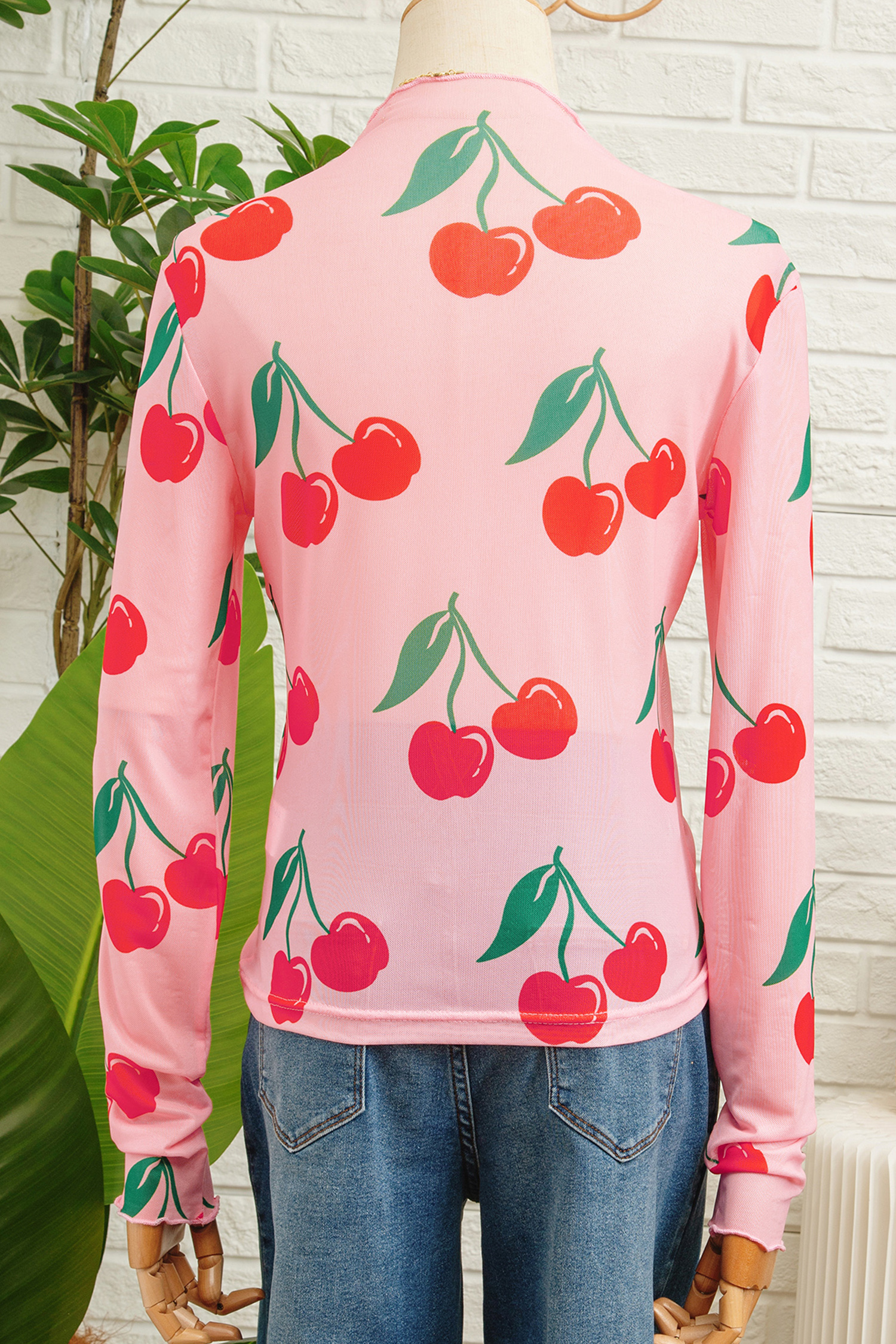 Pink Cherry Print Lettuce Trim Long Sleeve Mesh Top - loveforevers