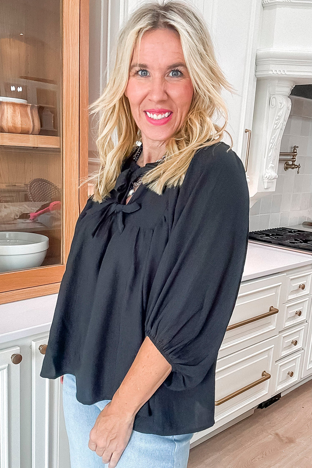 Black Bow Tie Neck 3/4 Sleeve Casual Blouse - loveforevers