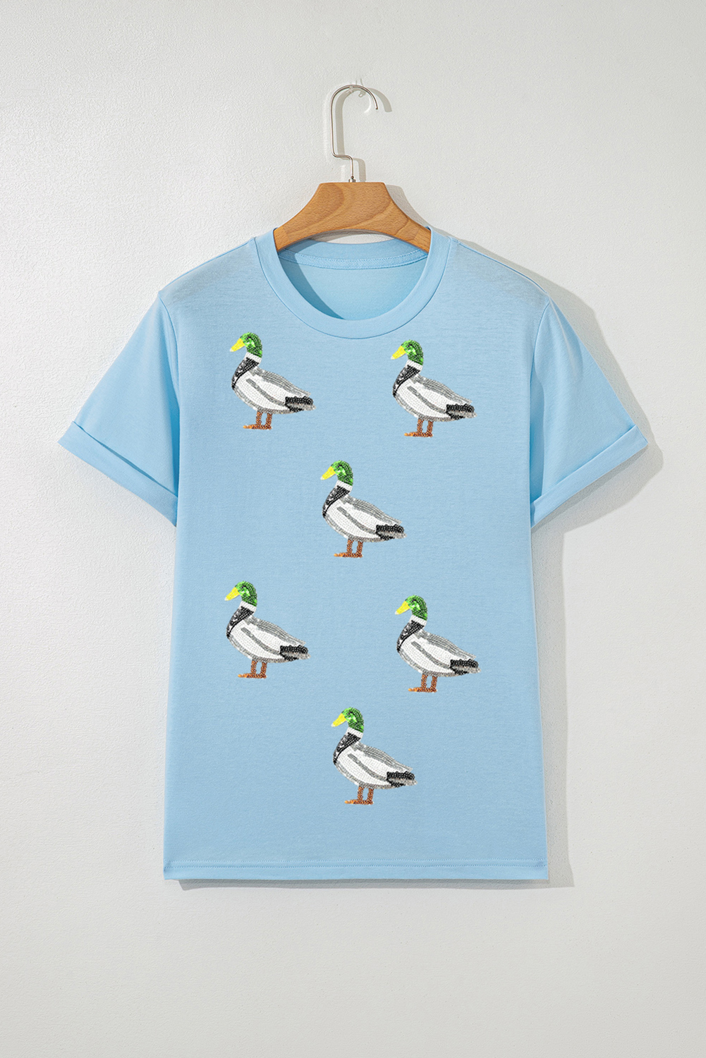 Light Blue Sequin Mallard Graphic Womens Casual Tee - loveforevers