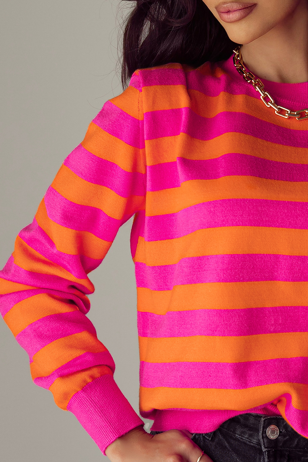 Rose Stripe Shoulder Pad Round Neck Sweater - loveforevers