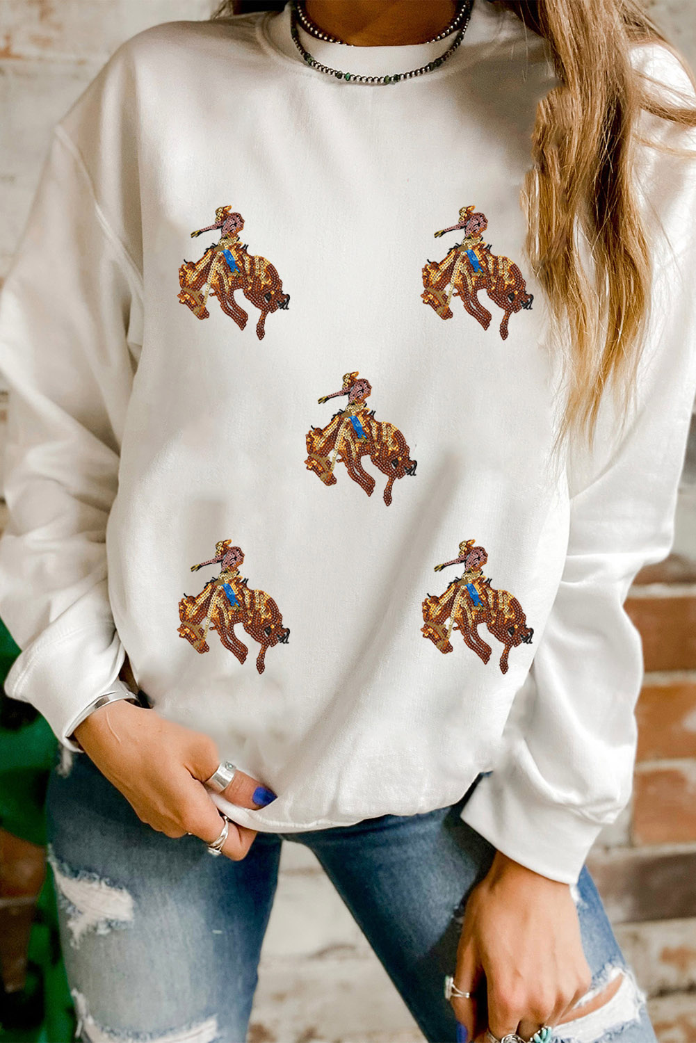 White Sequin Rodeo Patched Drop Shoulder Sweatshirt - loveforevers