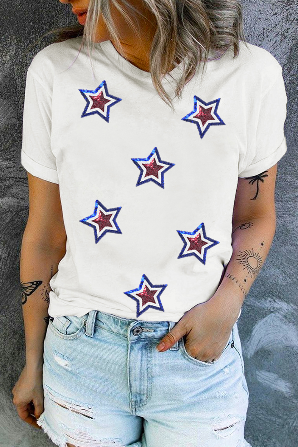 White Independence Day Sequin Star Patched T Shirt - loveforevers
