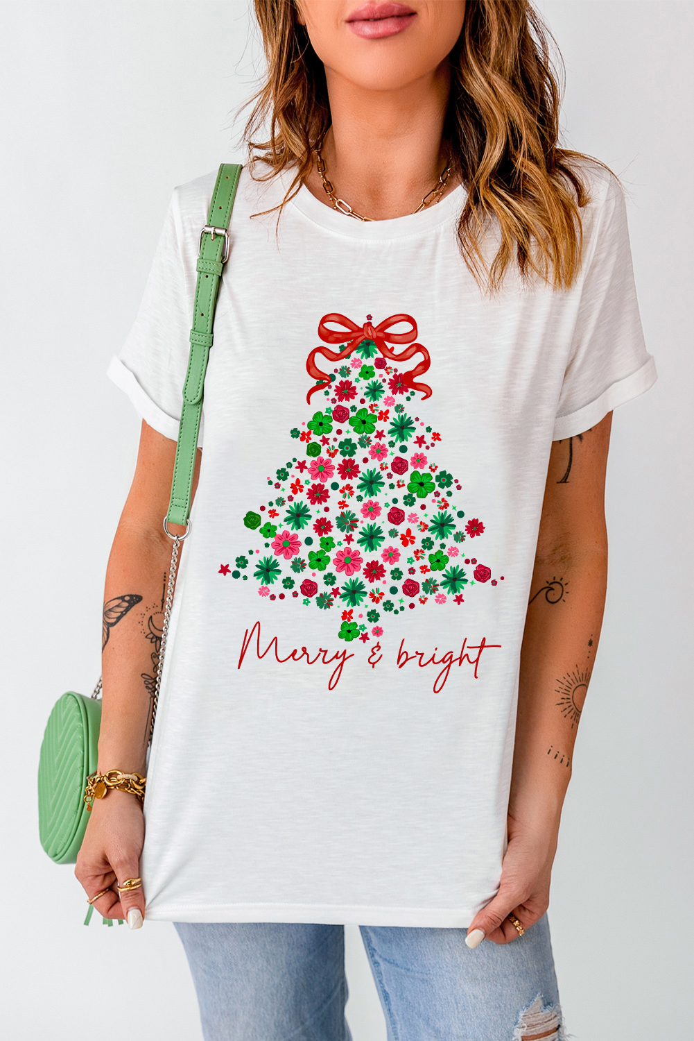 White Merry & Bright Floral Christmas Tree Graphic T Shirt - loveforevers
