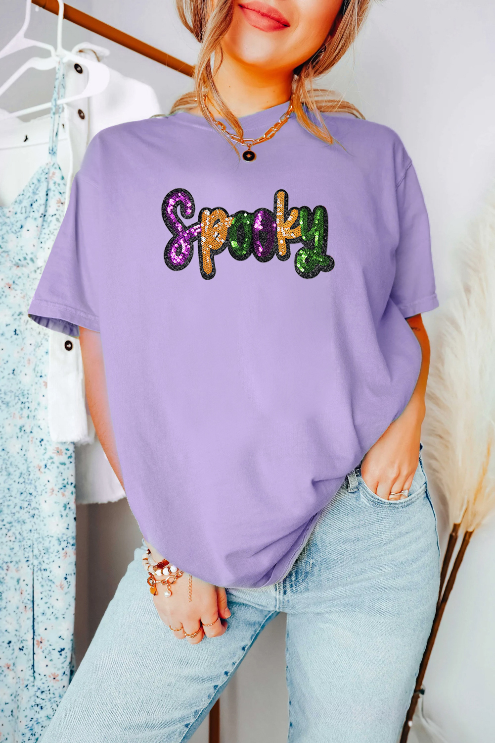 Wisteria Spooky Sequin Letter Patched Cotton Blend T Shirt - loveforevers