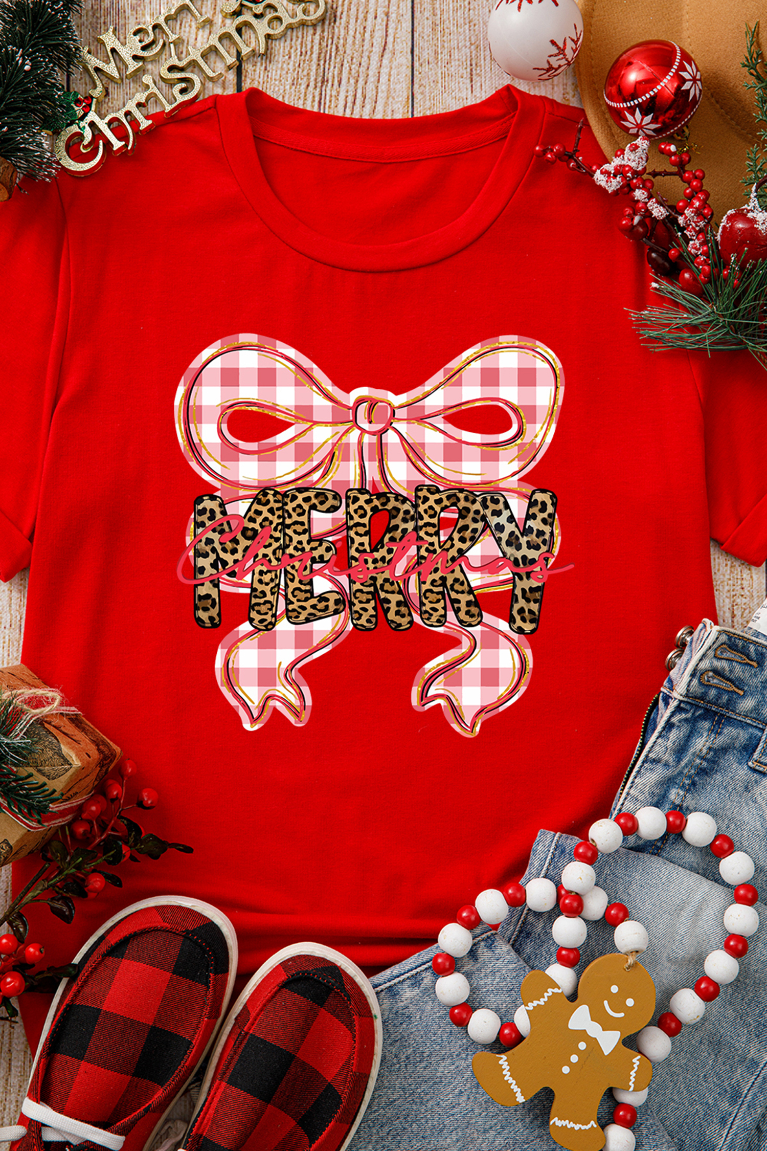 Red Leopard Merry Christmas Plaid Bow Graphic Holiday T Shirt - loveforevers