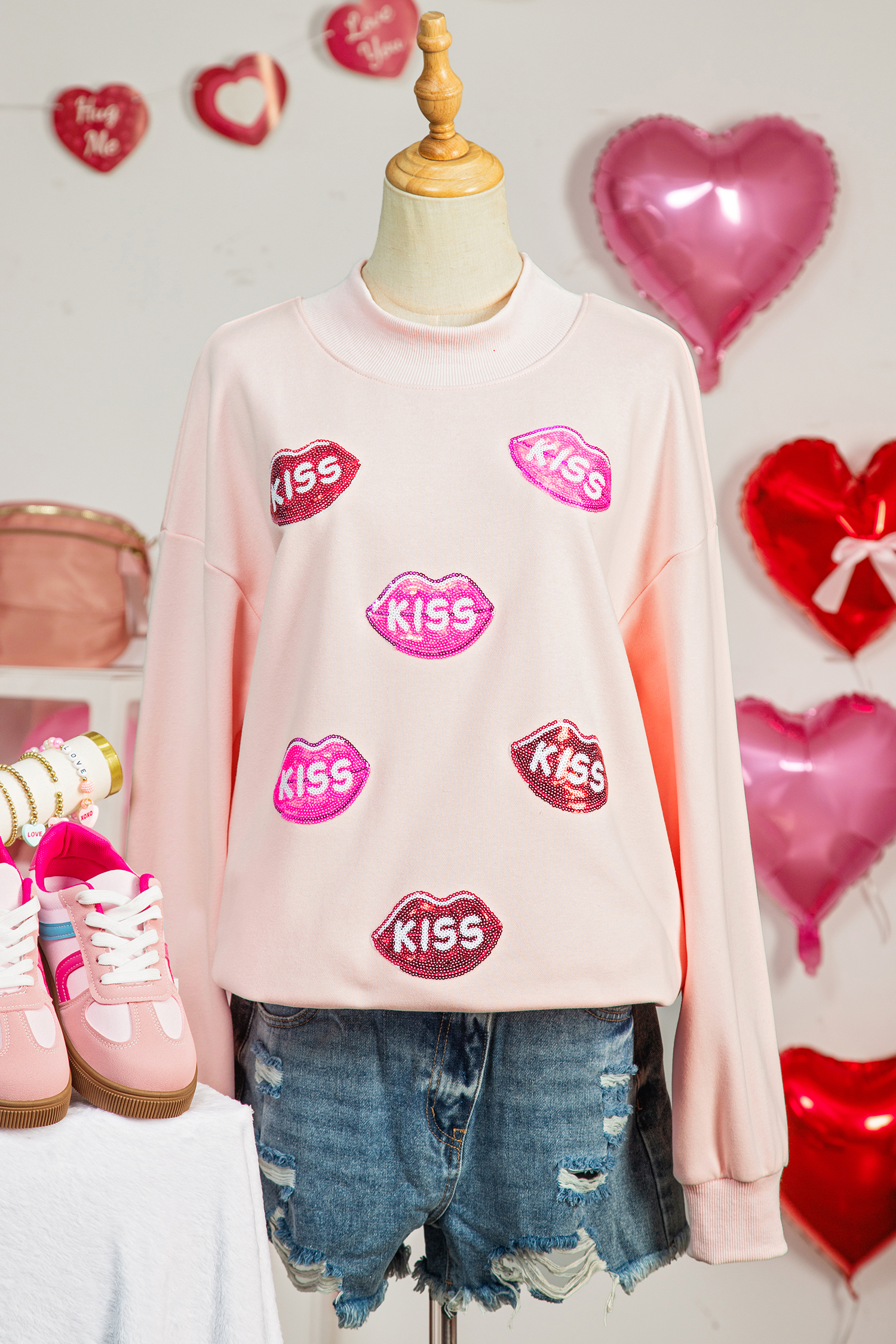 Apricot Pink Cowgirl Element Embroidered Detail Mock Neck Sweatshirt - loveforevers