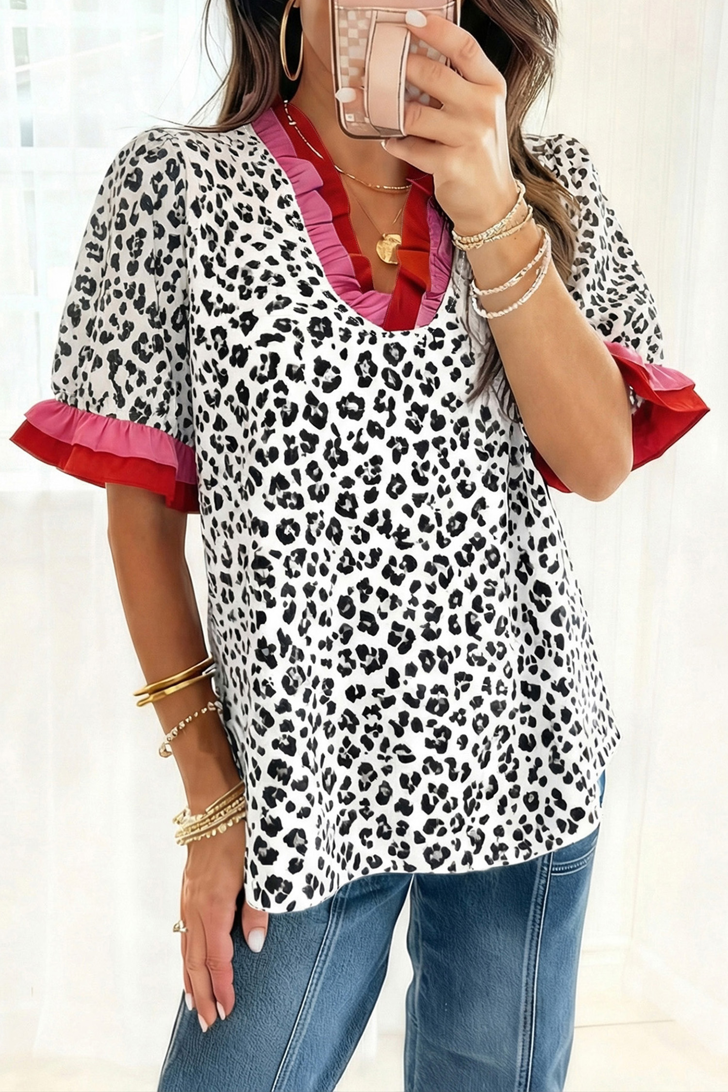 Gray Ruffled Trim V Neck Leopard Print Short Sleeve Blouse - loveforevers