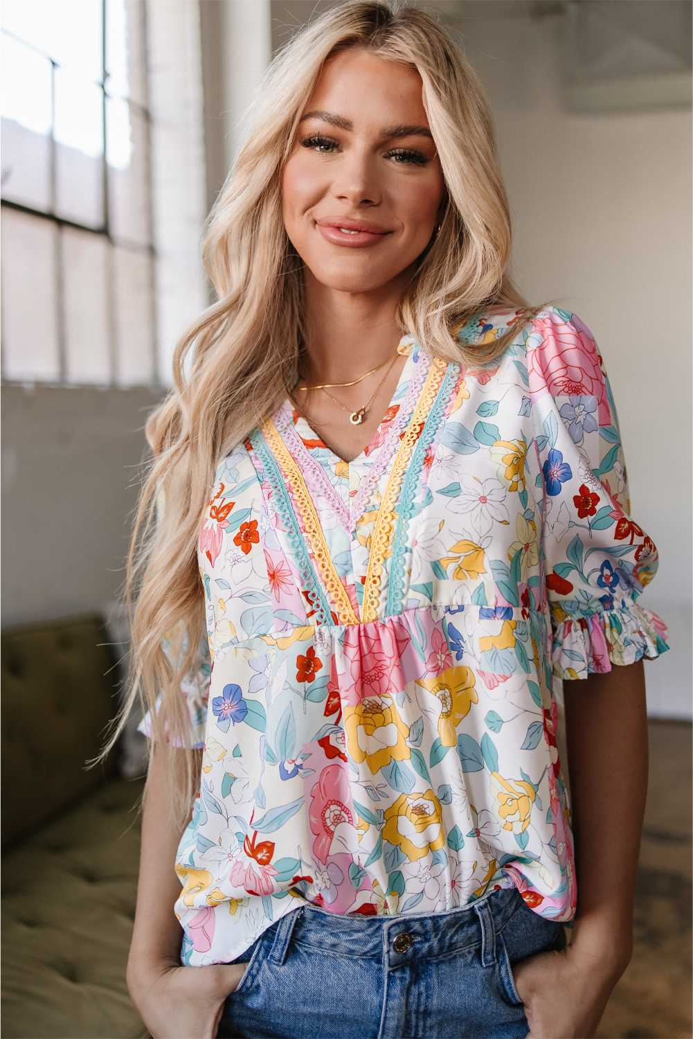 Pink Boho Flower Print Half Puff Sleeve Blouse - loveforevers