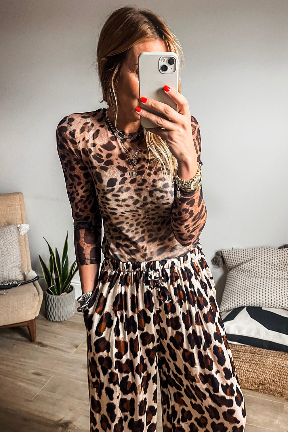 Brown Leopard Round Neck Long Sleeve Slim Top - loveforevers