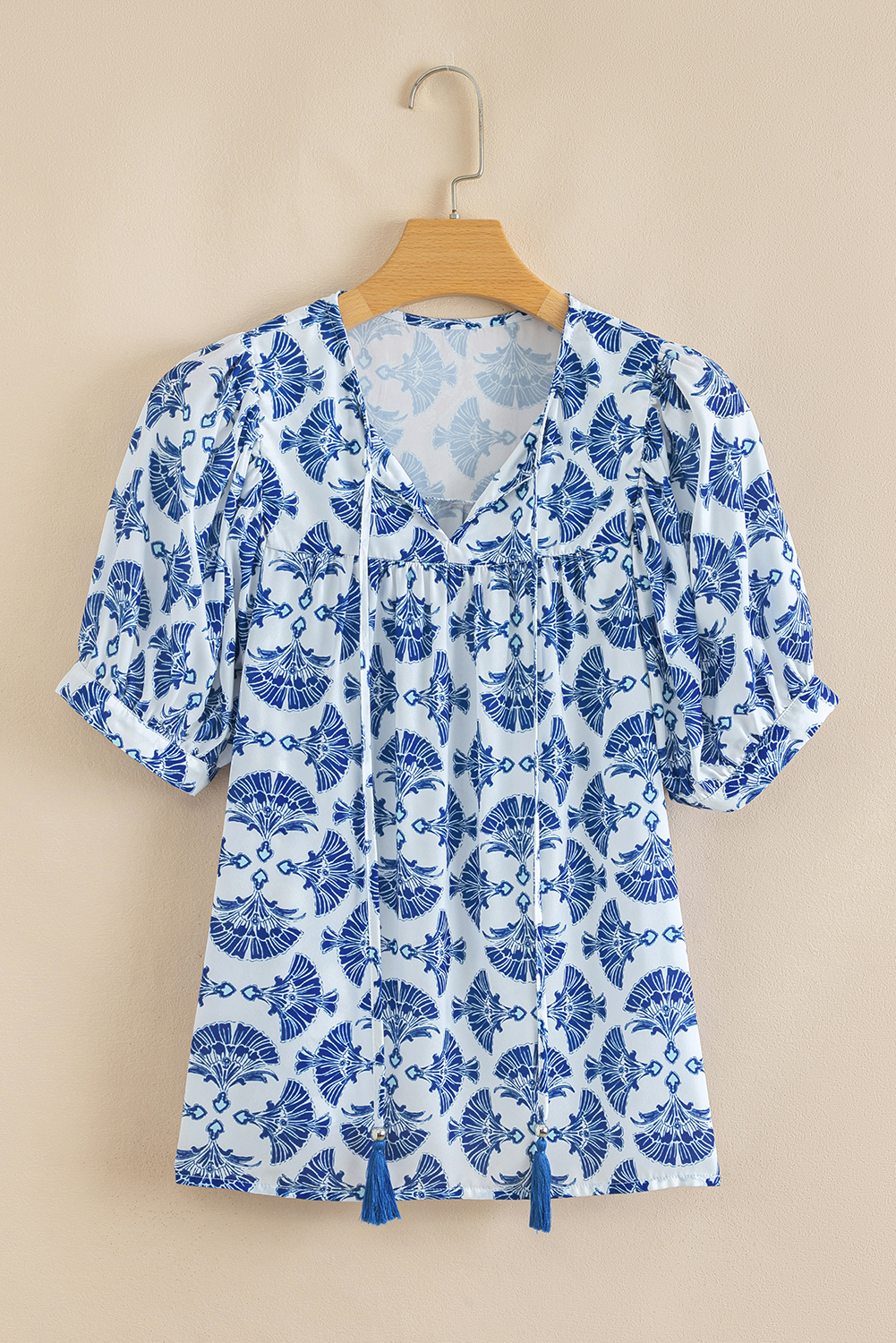 Sky Blue Geometric Print Tassel Drawstring V Neck Blouse - loveforevers