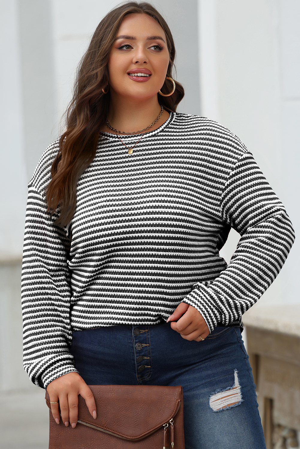 Black Stripe Round Neck Drop Shoulder Long Sleeve Top - loveforevers