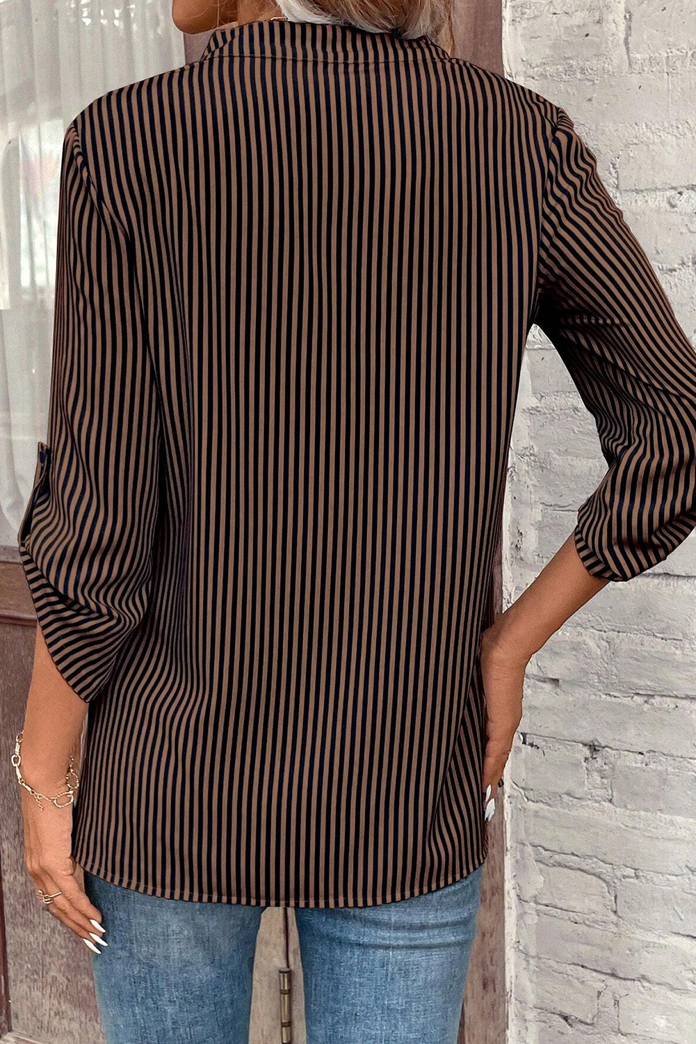 Brown Stripe V Neck Roll Up Sleeve Pocket Patched Classic Shirt - loveforevers