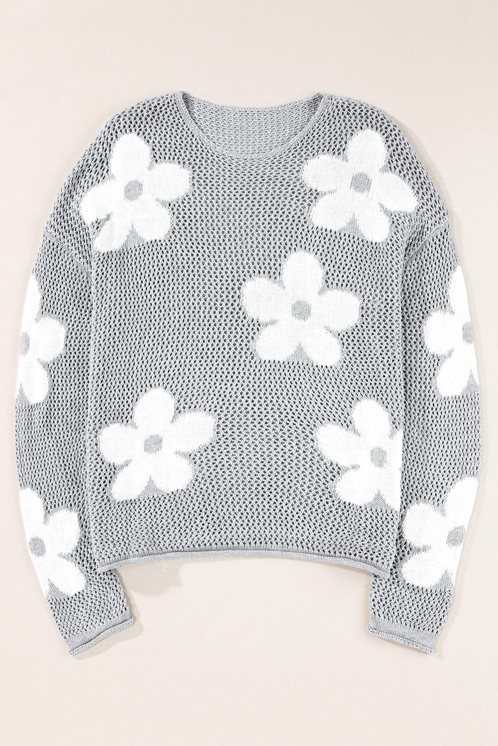 Light Pink Big Flower Hollowed Knit Drop Shoulder Sweater - loveforevers