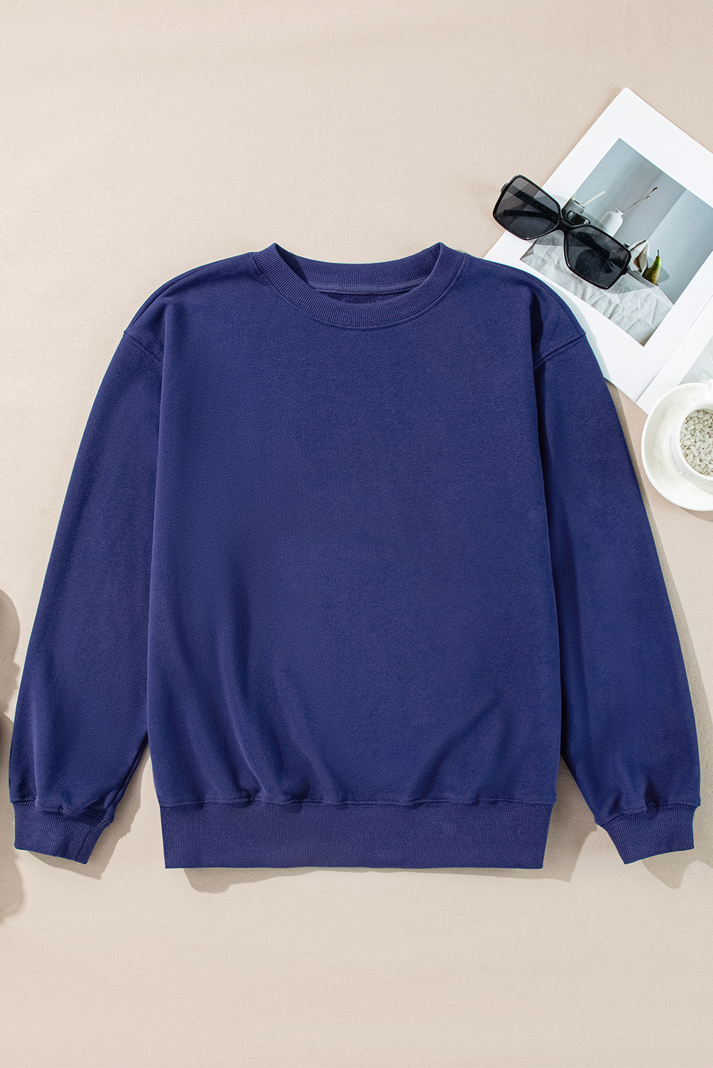 Navy Blue Plain Drop Shoulder Crewneck Pullover Sweatshirt - loveforevers