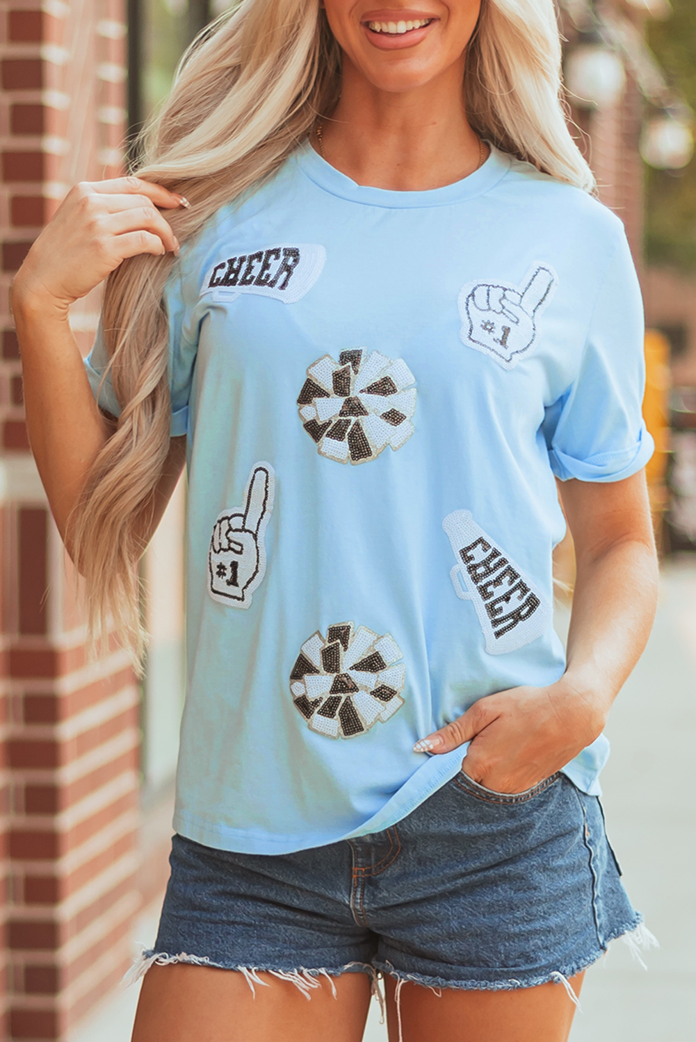 Light Blue Cheer Game Day Element Sequin Patched T Shirt - loveforevers