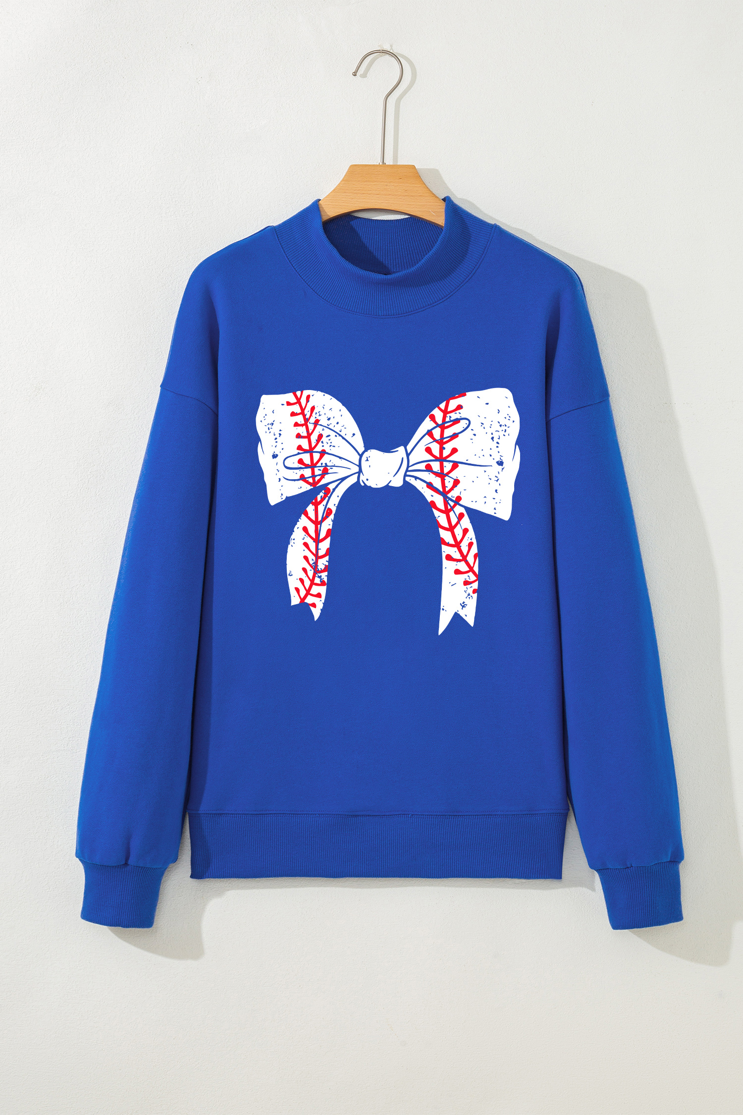 Dark Blue Baseball Large Bow Mock Neck Sweatshirt - loveforevers