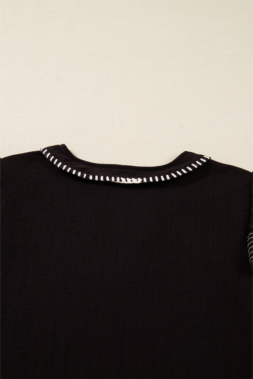 Black Contrast Stitched Detail V Neck Ruffle Long Sleeve Blouse - loveforevers