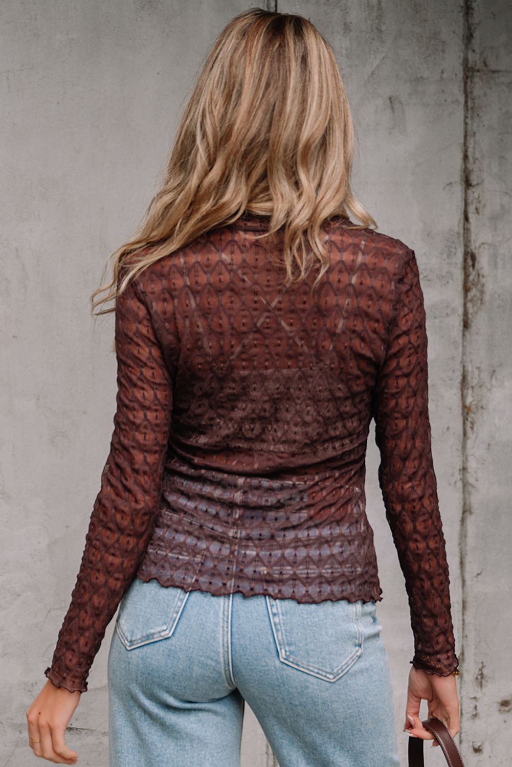 Coffee Sheer Mesh Patterned Lettuce Trim Slim Long Sleeve Top - loveforevers