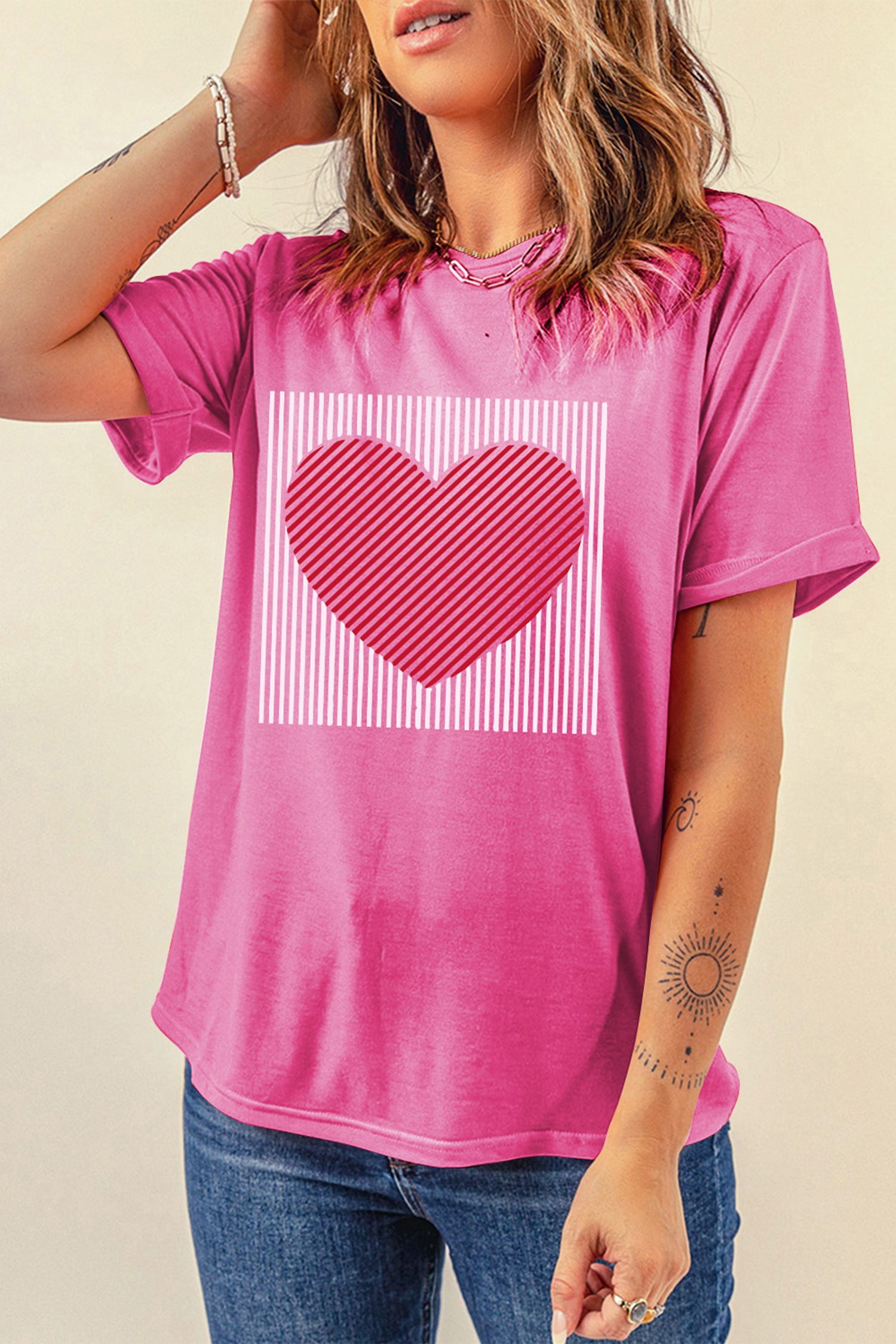 Sachet Pink Contrast Striped Heart Printed Valentines Day T Shirt - loveforevers