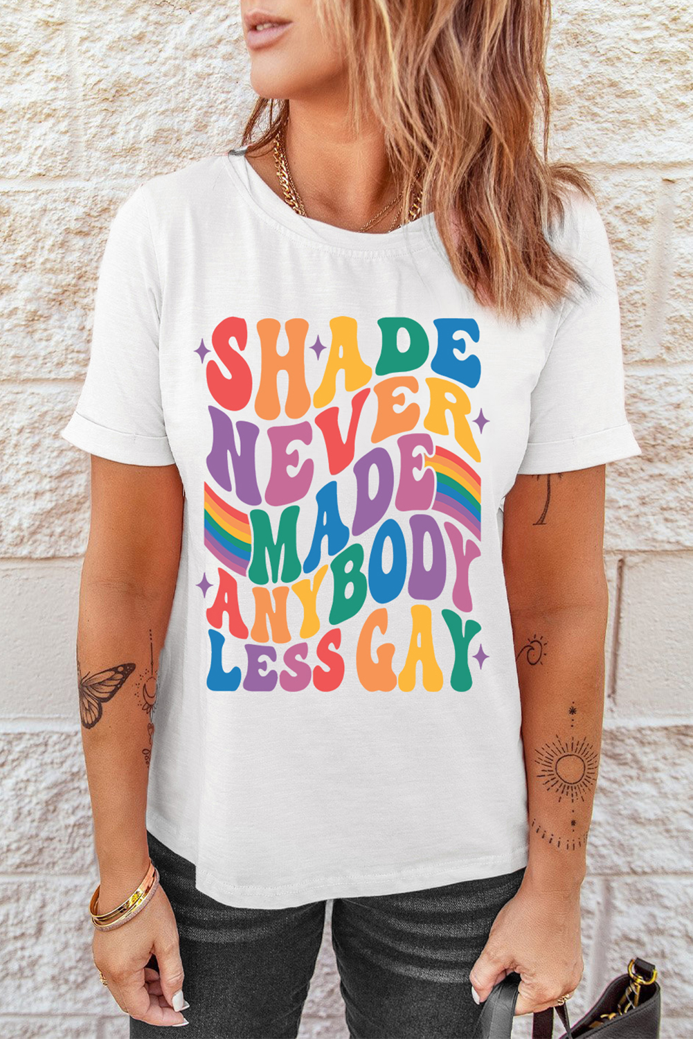 White SHADE NEVER MADE ANYBODY LESS GAY Pride Graphic Tee - loveforevers
