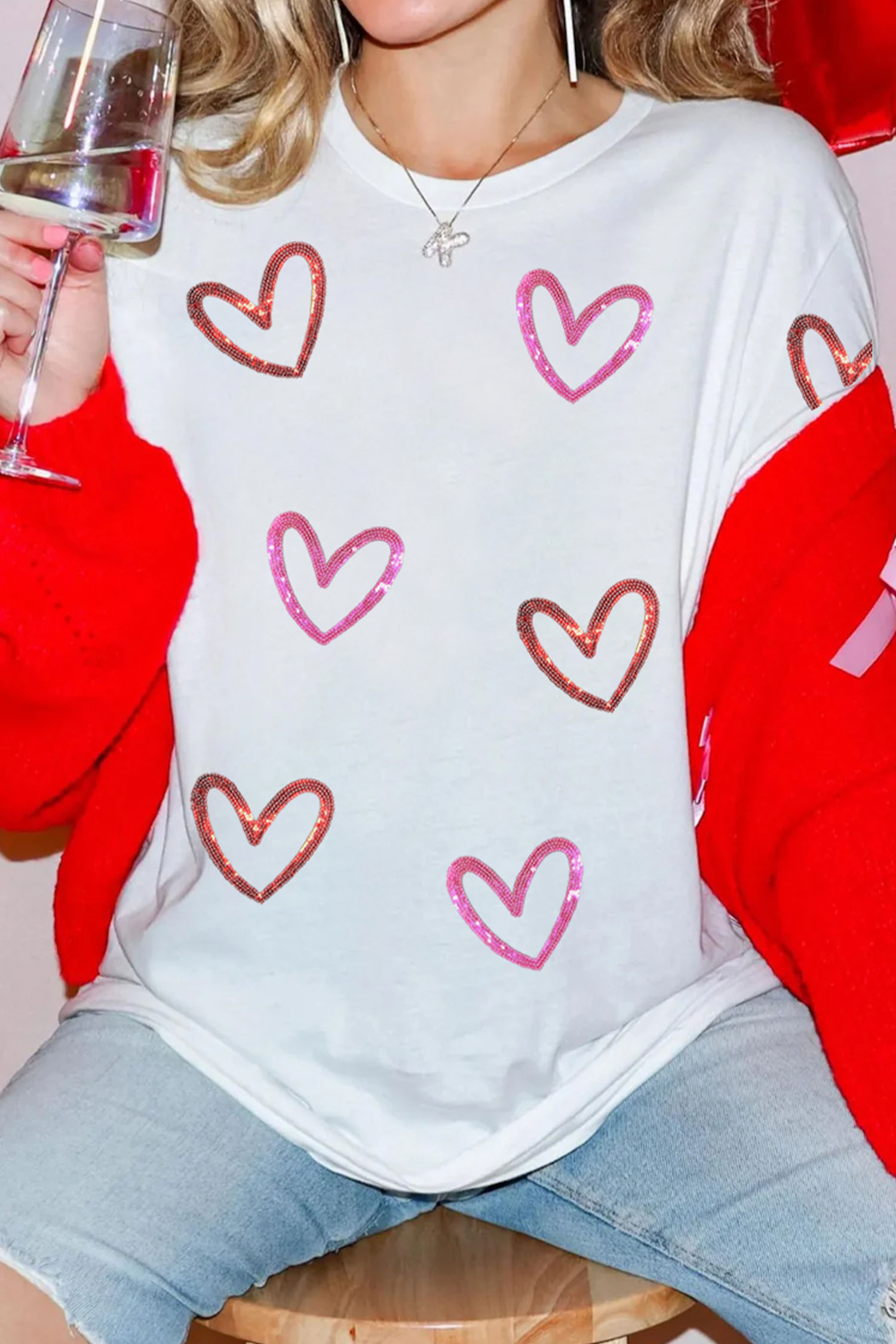 White Sequin Heart Sketch Graphic Womens Casual Tee - loveforevers