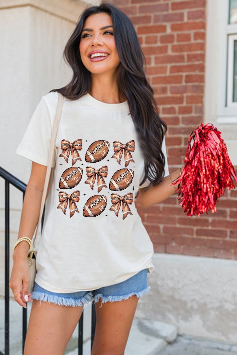 White Football Fashion Bow Print Cotton Blend T Shirt - loveforevers