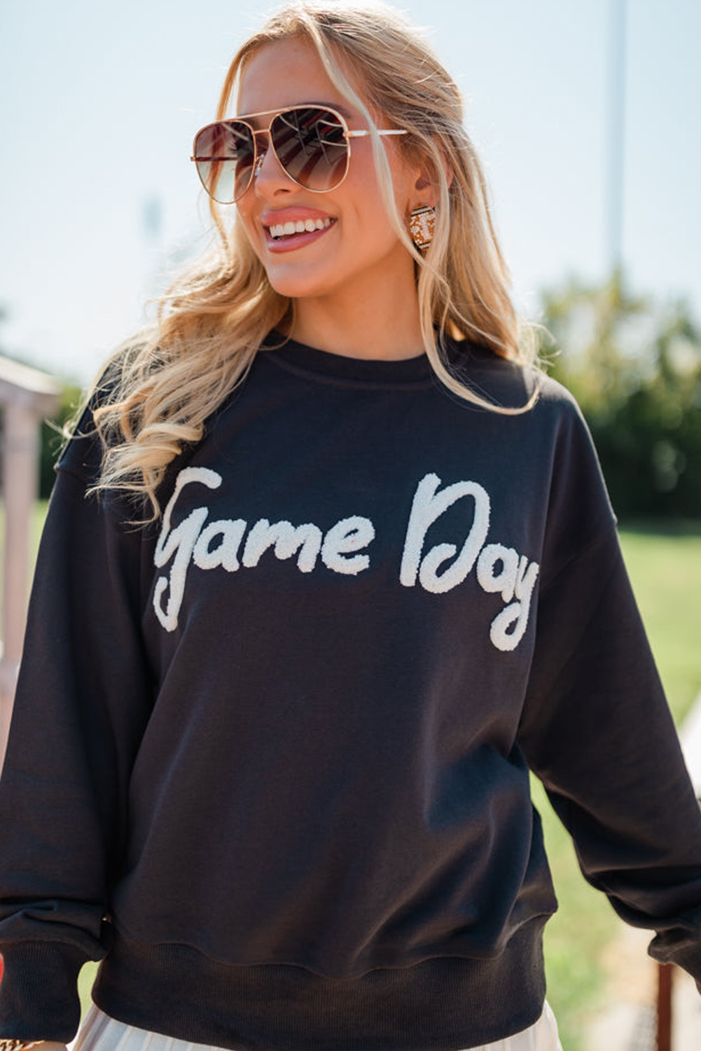 Black Chenille Game Day Graphic Drop Shoulder Sweatshirt - loveforevers
