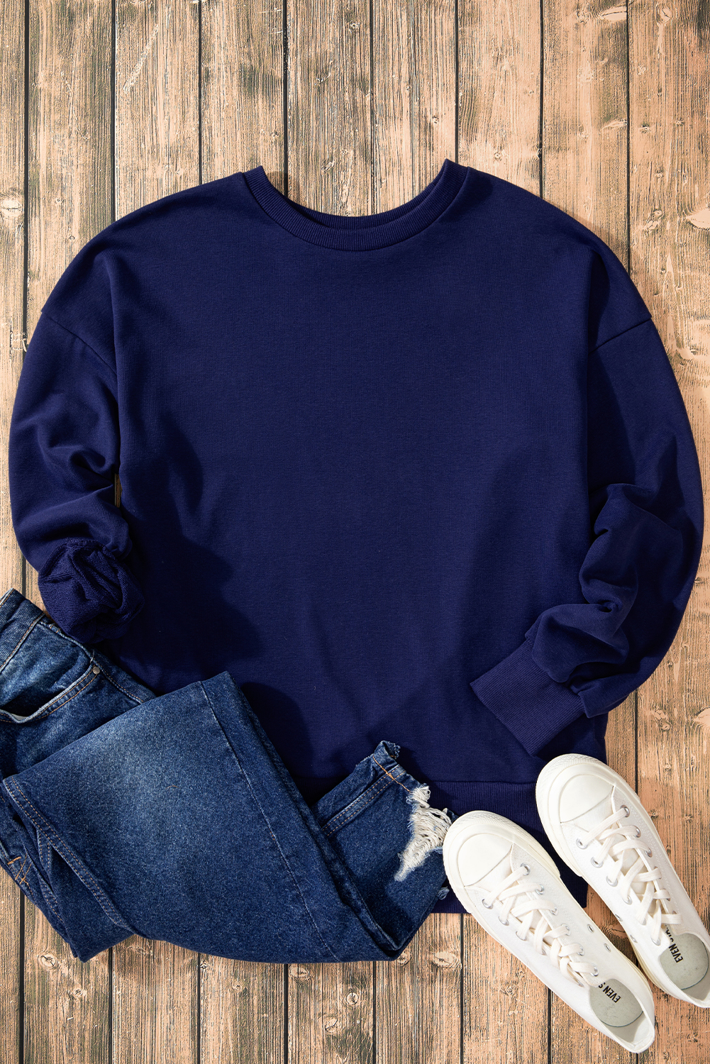 Navy Blue Solid O Neck High Low Hem Pullover Sweatshirt - loveforevers