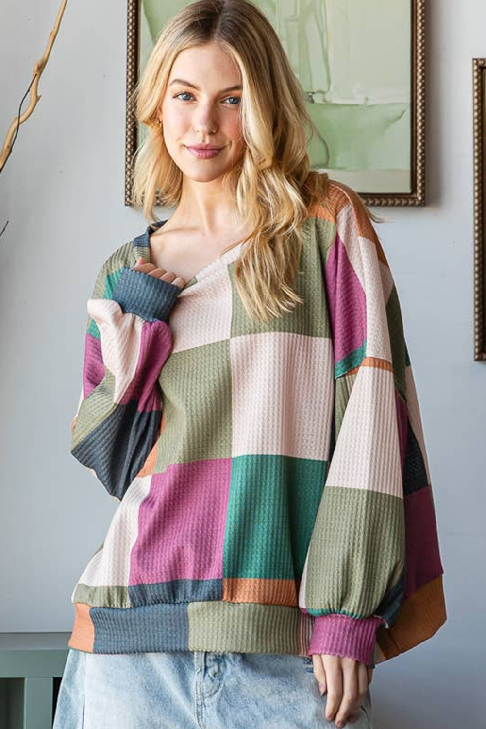 Green Checkered Print Textured Knit Long Sleeve Loose Top - loveforevers